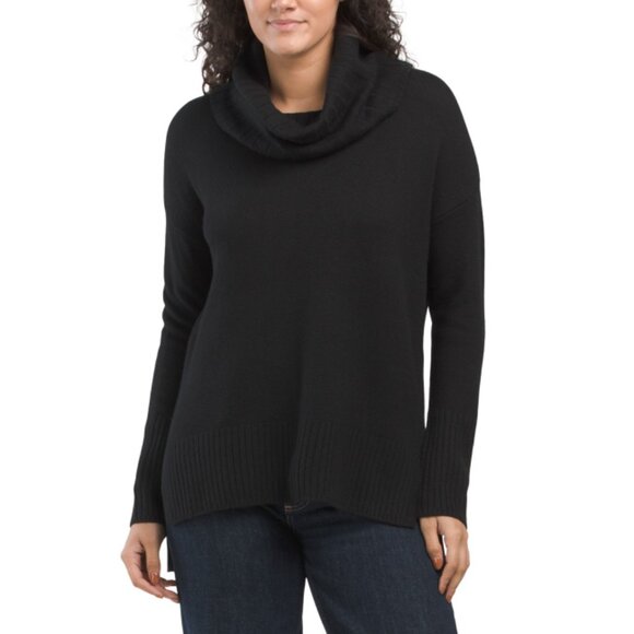 H HALSTON Black Merino Wool Cowl Neck Sweater With Wide Ribbed Hem And Cuffs - Picture 1 of 2
